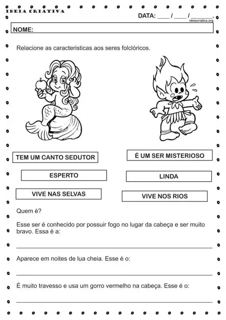 Atividade de relacionar características de seres folclóricos com ilustrações.
