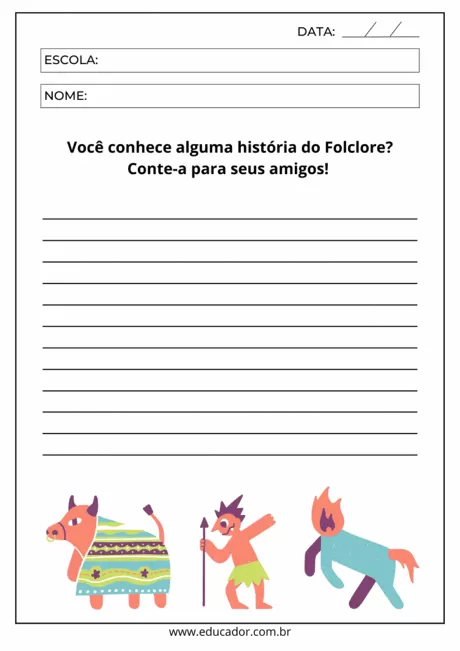 Folclore brasileiro com personagens e espaço para escrita.