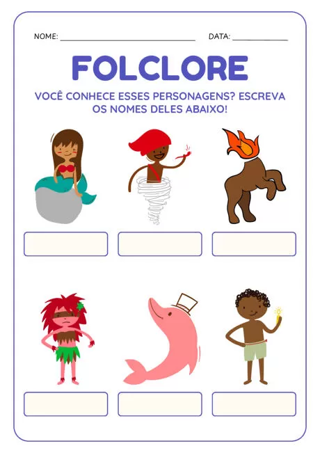 Atividade sobre personagens do folclore brasileiro com ilustrações coloridas.