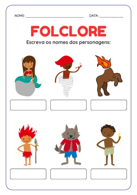 Atividade de folclore com personagens para identificação.