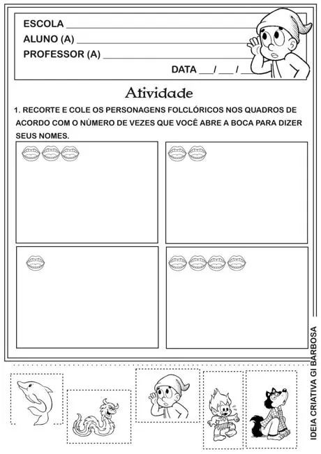 Atividade de recorte e colagem com personagens folclóricos e espaços para colar figuras.