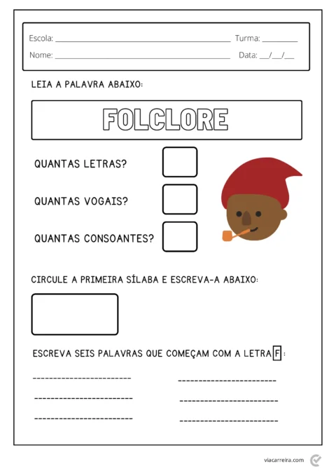 Atividade escolar sobre a palavra folclore, com perguntas sobre letras, vogais e consoantes, e um espaço para escrever palavras que começam com a letra F.