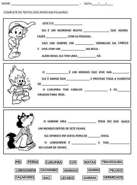 Atividade de completar textos com apoio de palavras sobre personagens folclóricos.