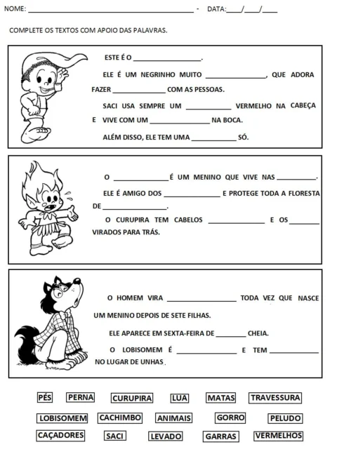 Atividade de completar textos com apoio de palavras sobre personagens folclóricos.
