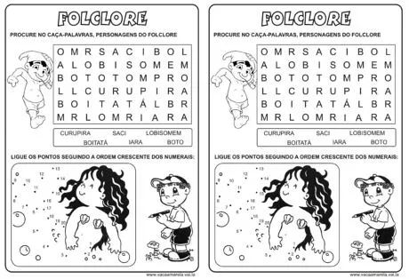 Atividade de caça-palavras e ligue os pontos com personagens do folclore brasileiro.