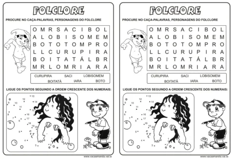 Atividade de caça-palavras e ligue os pontos com personagens do folclore brasileiro.