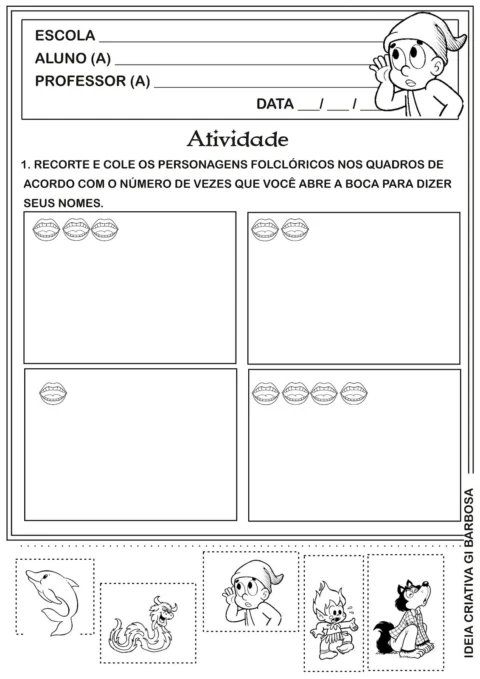 Atividade de recorte e colagem com personagens folclóricos e espaços para colar figuras.