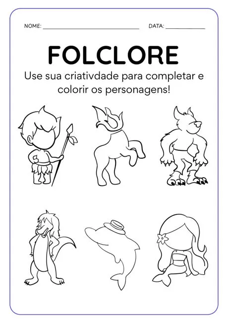 Atividade de colorir personagens do folclore brasileiro.