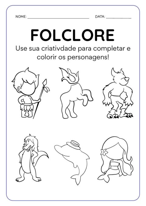 Atividade de colorir personagens do folclore brasileiro.