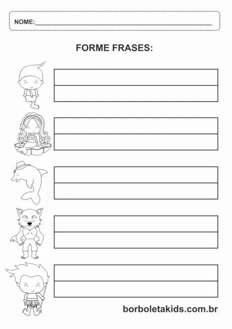 Atividade para formar frases com ilustrações de personagens.