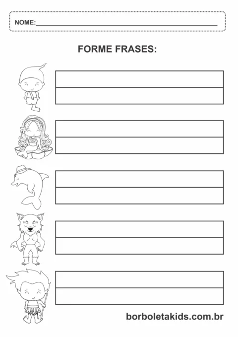 Atividade para formar frases com ilustrações de personagens.