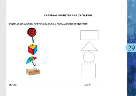 Atividade de pintura e associação de formas geométricas com objetos.
