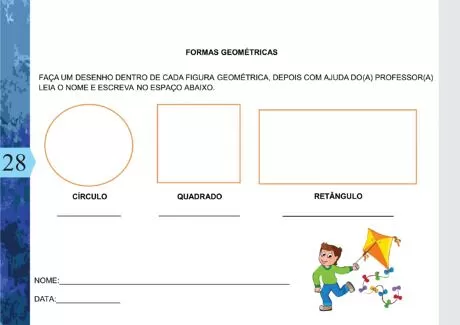 Atividade de formas geométricas para crianças com figuras para desenhar.