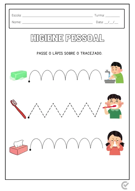 Atividade educativa sobre higiene pessoal com ilustrações de escovação de dentes e uso de lenço.