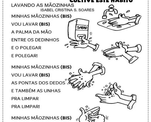Atividade sobre higienização das mãos com ilustrações e instruções.