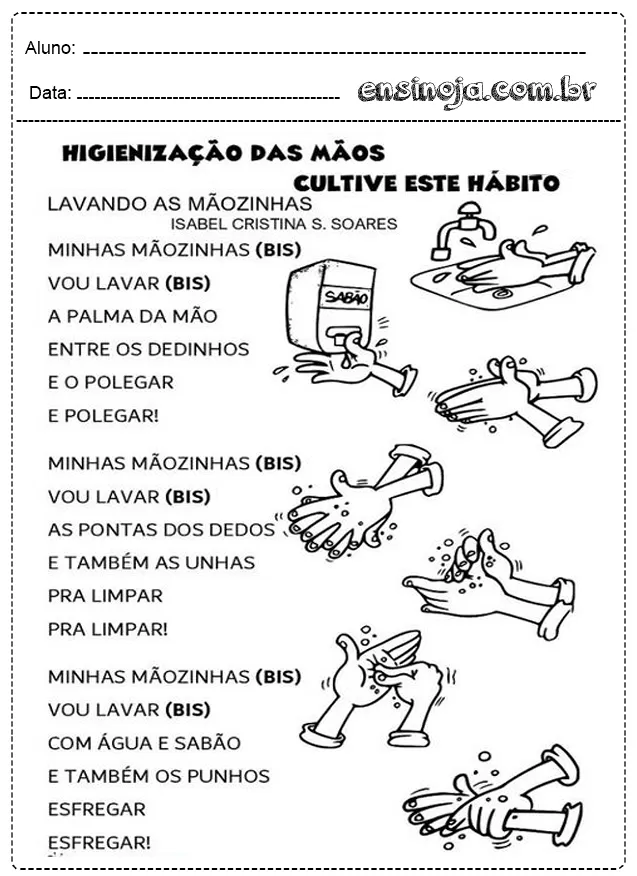 Atividade sobre higienização das mãos com ilustrações e instruções.