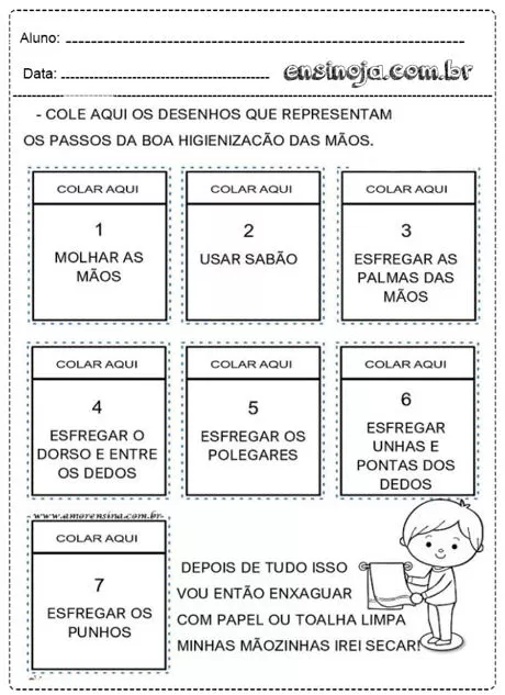 Atividade sobre a higienização das mãos com passos ilustrados.