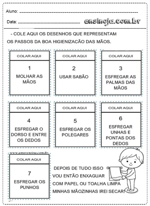 Atividade sobre a higienização das mãos com passos ilustrados.
