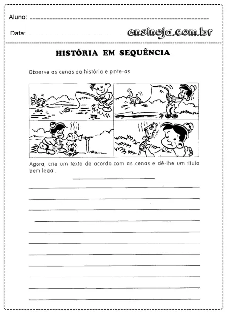 Atividade de história em sequência para crianças, com ilustrações para colorir.
