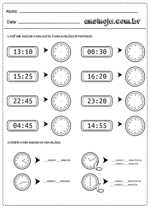 Atividade de associação de horas digitais e analógicas para alunos.