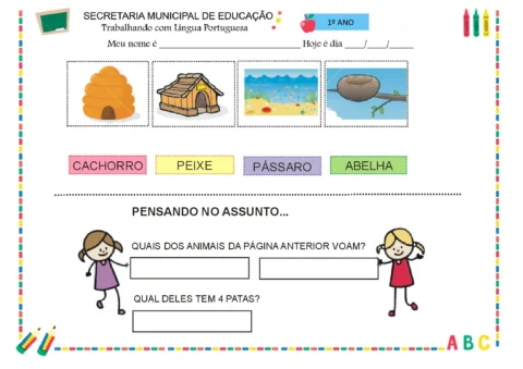 Atividade de Língua Portuguesa para o 1º ano com ilustrações de animais e perguntas sobre eles.