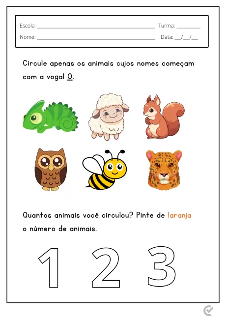 Imagem de uma atividade escolar com animais e instruções para circular os que começam com a vogal O.