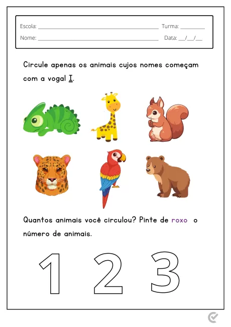 Imagem de uma atividade escolar com animais e instruções para circular os que começam com a vogal I.