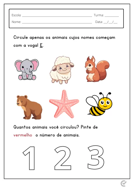 Atividade escolar com imagens de animais e instruções para circular os que começam com a letra E.