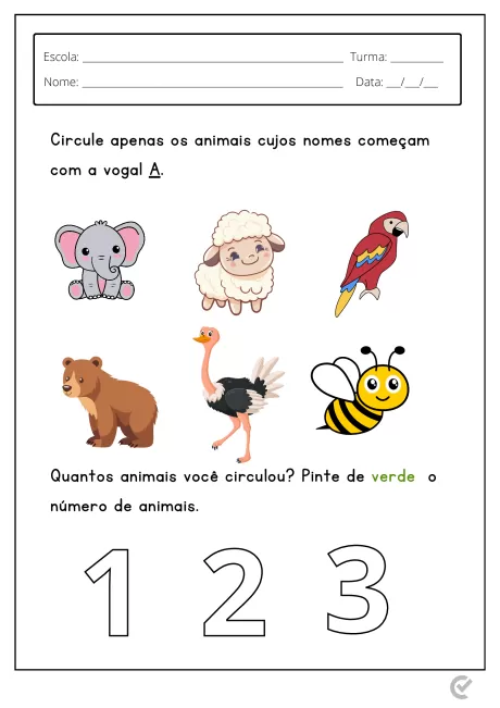 Atividade escolar com imagens de animais para identificar aqueles que começam com a vogal A.