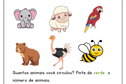 Atividade escolar com imagens de animais para identificar aqueles que começam com a vogal A.
