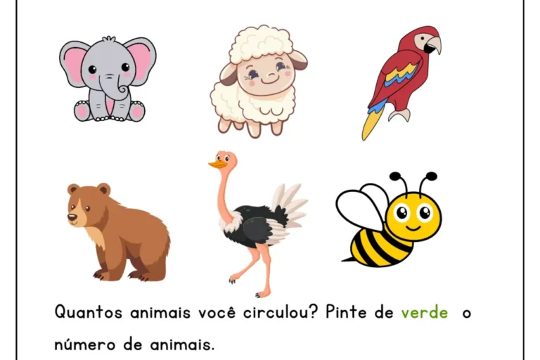 Atividade escolar com imagens de animais para identificar aqueles que começam com a vogal A.