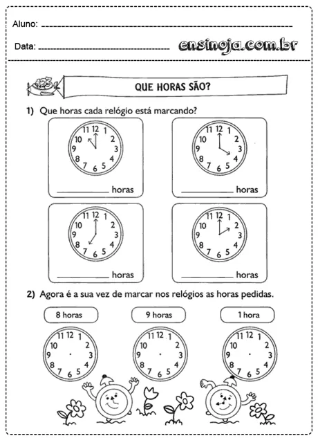 Atividade de matemática sobre horas com relógios.
