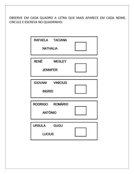 Atividade escolar com nomes para identificação de letras.