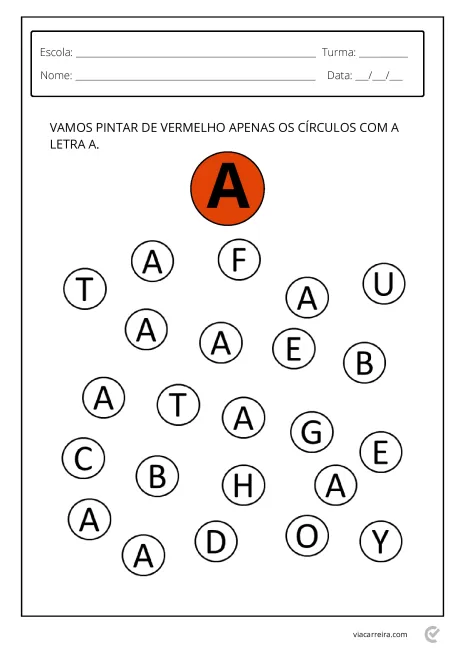 Atividade educativa com círculos contendo letras, onde se deve pintar de vermelho apenas os círculos com a letra A.