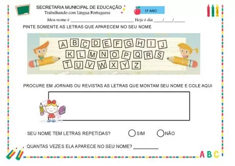 Atividade de alfabetização para crianças do 1º ano, com letras do alfabeto e instruções para pintar letras do nome.