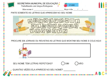 Atividade de alfabetização para crianças do 1º ano, com letras do alfabeto e instruções para pintar letras do nome.