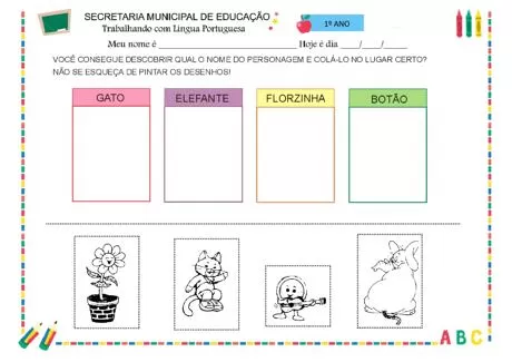 Atividade de educação infantil com desenhos para colorir e espaços para colar nomes de personagens.