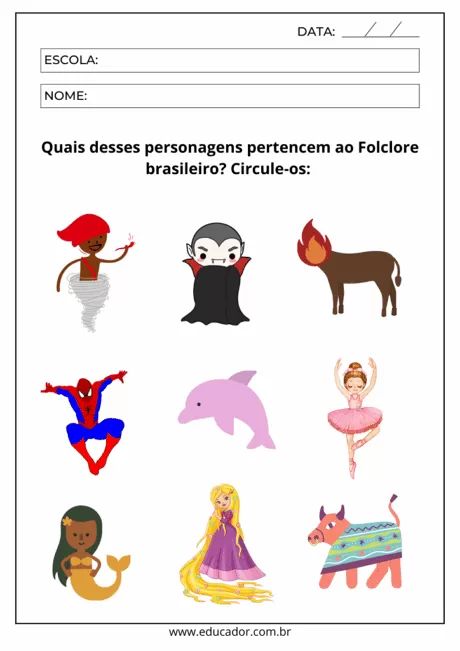 Atividade sobre personagens do folclore brasileiro com ilustrações coloridas.