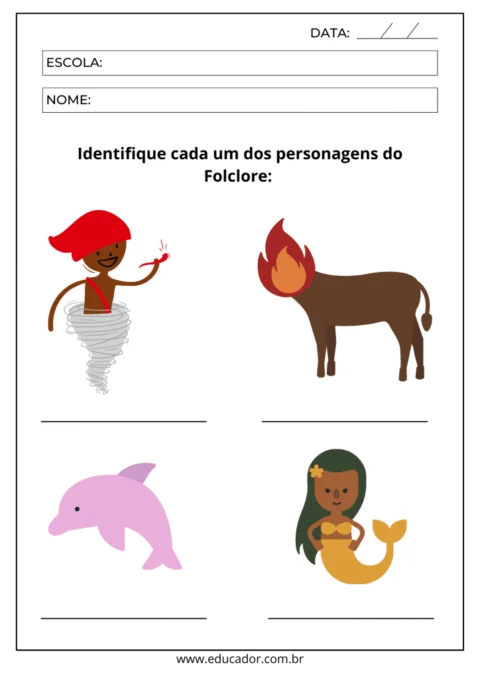 Atividade de identificação de personagens do folclore brasileiro com ilustrações.