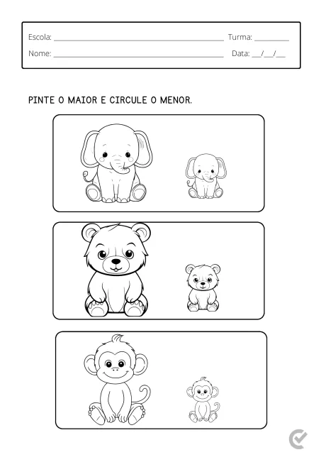 Desenhos de um elefante, leão e macaco em uma atividade escolar para identificar o maior e o menor.