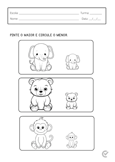 Desenhos de um elefante, leão e macaco em uma atividade escolar para identificar o maior e o menor.