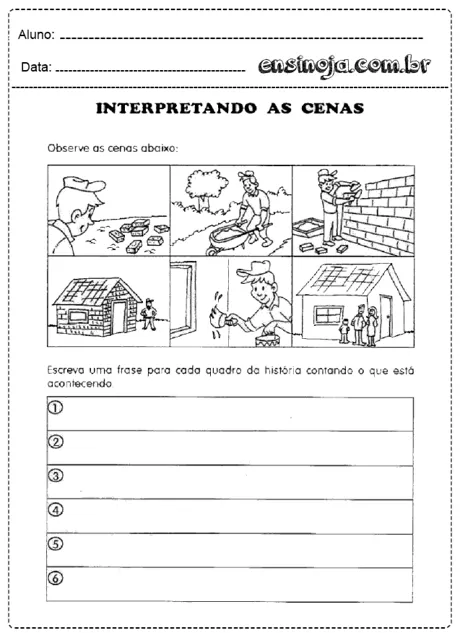 Atividade de interpretação de cenas com seis quadrinhos ilustrados.