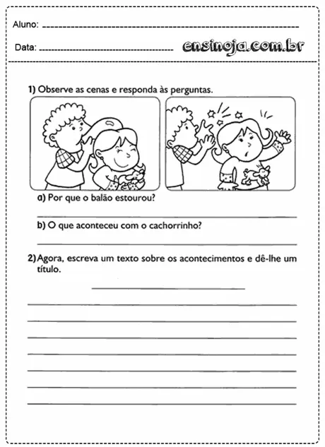 Atividade escolar com perguntas sobre cenas ilustradas.
