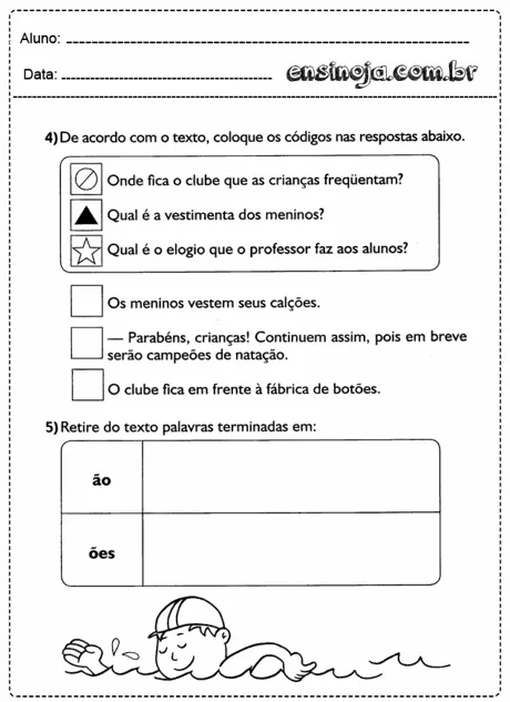 Atividade escolar sobre interpretação de texto e identificação de palavras.
