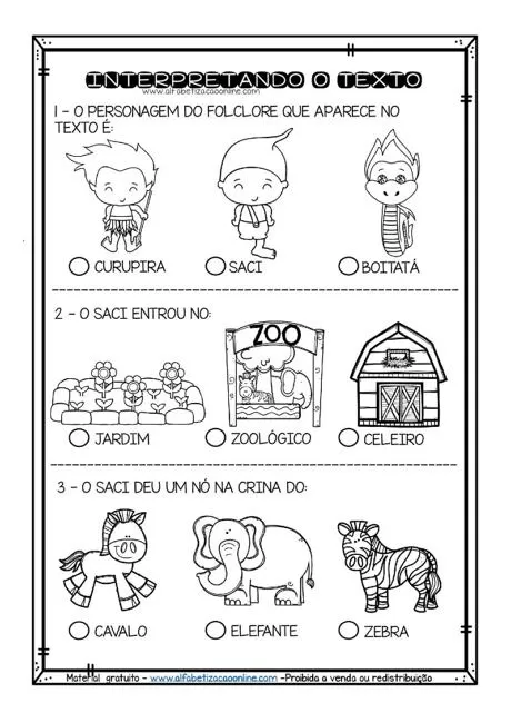 Atividade de interpretação de texto com personagens do folclore brasileiro.
