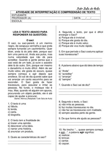 Atividade de interpretação e compreensão de texto sobre o Saci.