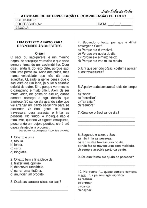 Atividade de interpretação e compreensão de texto sobre o Saci.