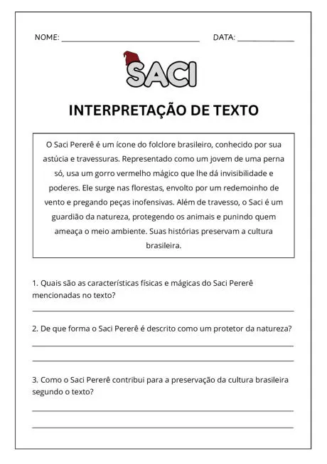 Atividade de interpretação de texto sobre o Saci Pererê, com perguntas sobre suas características e papel na cultura brasileira.