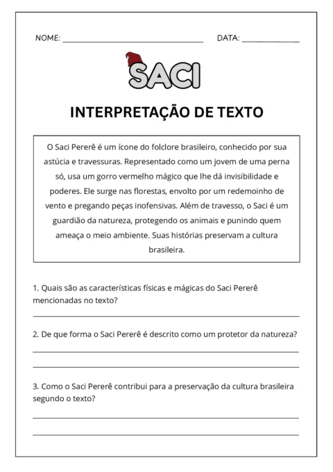Atividade de interpretação de texto sobre o Saci Pererê, com perguntas sobre suas características e papel na cultura brasileira.
