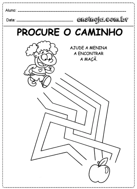 Desenho de uma menina correndo em um labirinto com uma maçã no final.